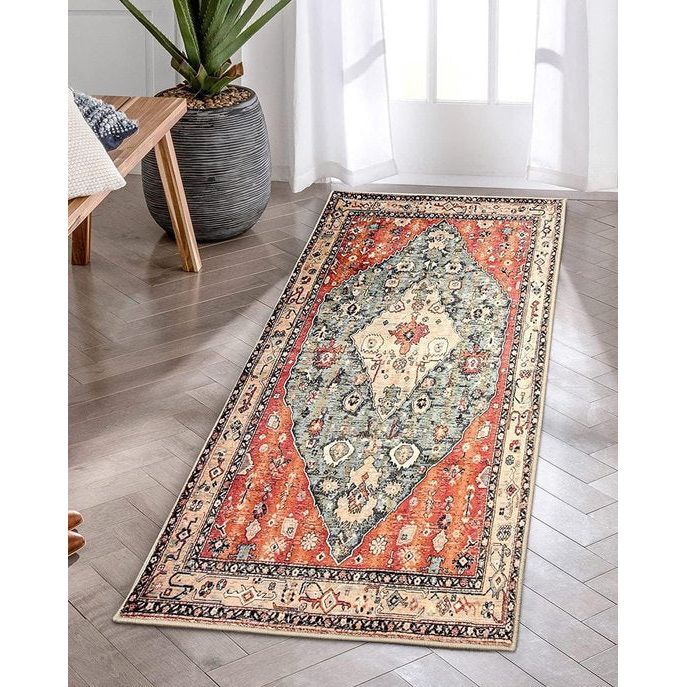 Boho Tribal tapijt, loper, 60 x 130 cm, Bohemian Distressed kunstwol, antislip, wasbaar, laagpolig vloermat, voor keuken, bijkeuken, entree, badkamer, rood