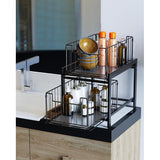 Keukenrek met 2 uittrekbare manden, schuifmand met 2 niveaus, uittrekbare laden, laden onder de spoelbak, kruidenrek met 2 niveaus, badkamerorganizer, zwarte onderkastplank