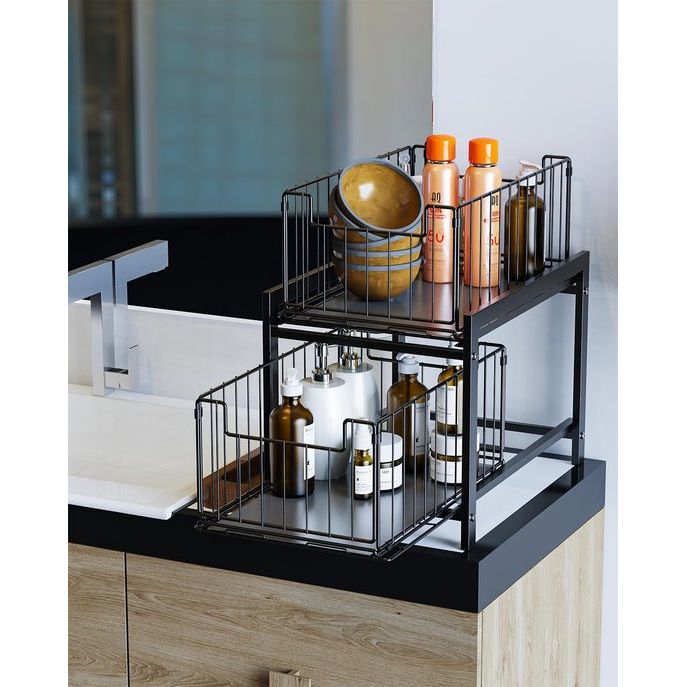 Keukenrek met 2 uittrekbare manden, schuifmand met 2 niveaus, uittrekbare laden, laden onder de spoelbak, kruidenrek met 2 niveaus, badkamerorganizer, zwarte onderkastplank