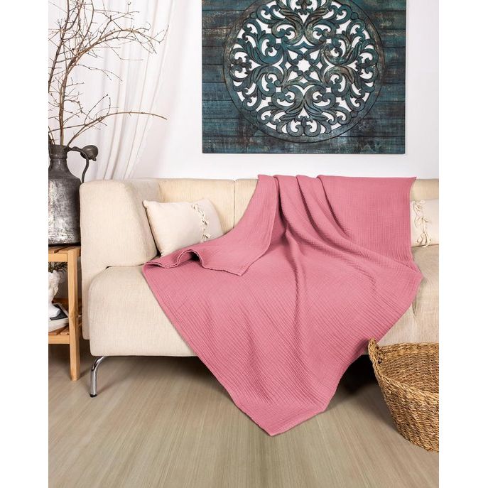 Premium mousseline sprei 150 x 200 cm - 100% katoen - extra zachte katoenen deken als knusse deken, bed throw, sofa throw, bank throw - warme bank deken (oudroze)