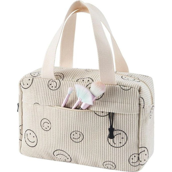 Toilettas Koord Dames Grote Cosmetische Tas Koord Make-up Tas Koord Cosmetische Tas met Glimlach Corduroy Cosmetische Tas Reizen Cosmetische Tas voor Reizen Meisjes Dames, BEIGE-B