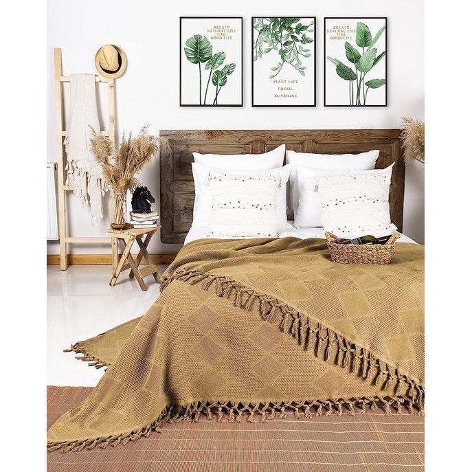 Premium sprei met handgeknoopte franjes - 100% katoen - 200 x 220 cm XXL - wafelpiqué zomerdeken - katoenen deken als bedsprei, bankovertrek & bankdeken (beige)