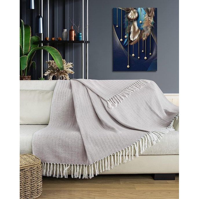 Premium sprei met franjes, 100% katoen, 180 x 240 cm, visgraatpatroon, zomerdeken, katoenen deken als bedsprei, bankdeken, grijs