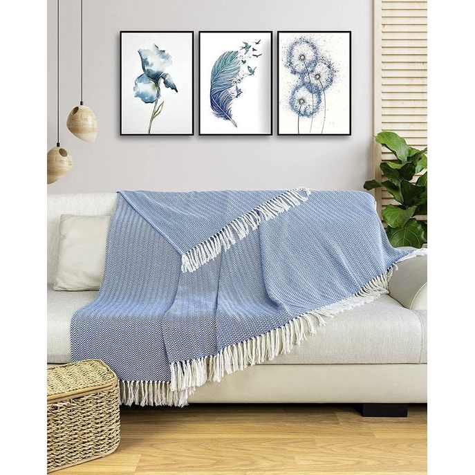 Premium sprei met franjes, 100% katoen, 150 x 200 cm, visgraatpatroon, zomerdeken, katoenen deken als bedsprei, bankdeken, blauw