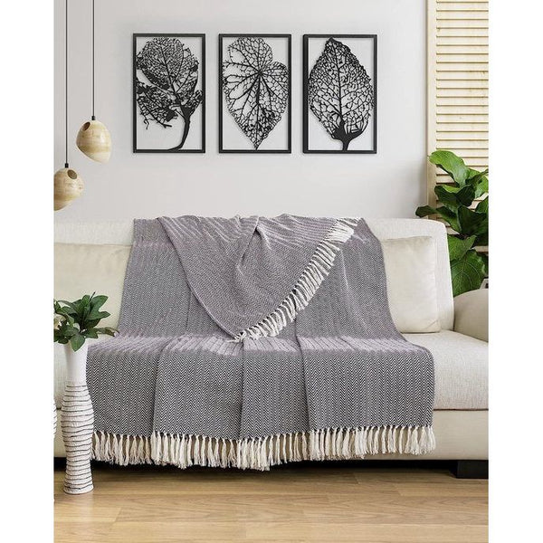 Premium sprei met franjes, 100% katoen, 180 x 240 cm, visgraatpatroon, zomerdeken, katoenen deken als bedsprei, bankdeken, antraciet