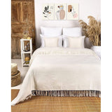 Premium sprei met franjes, 100% katoen, 180 x 240 cm, visgraatpatroon, zomerdeken, katoenen deken als bedsprei, bankdeken, crèmekleurig