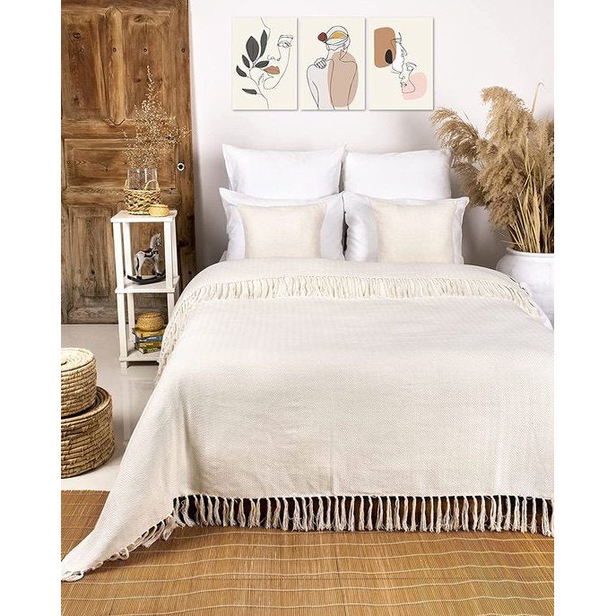 Premium sprei met franjes, 100% katoen, 180 x 240 cm, visgraatpatroon, zomerdeken, katoenen deken als bedsprei, bankdeken, crèmekleurig