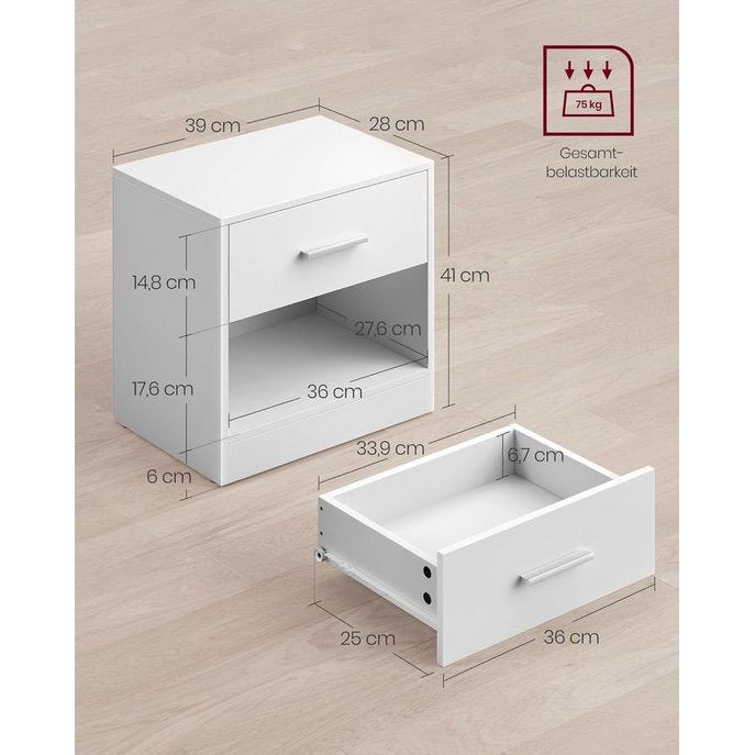 Nachtkastje, bijzettafel, met lade, handvat, open vak, salontafel, voor slaapkamer, woonkamer, klassiek wit. Bedside table, side table, with drawer, handle, open compartment, coffee table, for bedroom, living room, classic white.