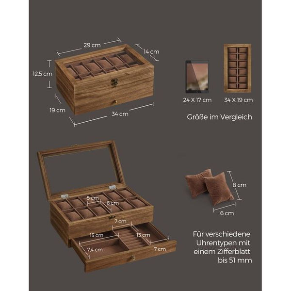 Uhrenbox mit 12 Fächern aus Massivholz walnussfarben