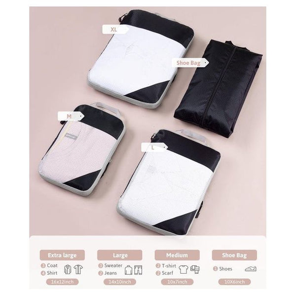 Compressie koffer-organizer, verpakkingskubus, bagage, opslag, tassen, kledingtassen, verpakkingskubus, paktassen (zwart, 4 stuks)