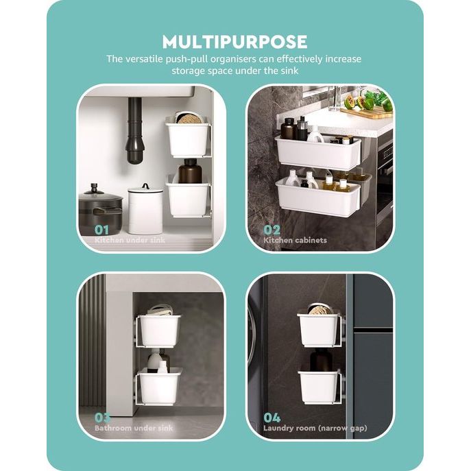 Set van 2 verschuifbare kastorganisatoren voor keuken, badkamer, uittrekbare laden, kastorganizer voor onder de wastafel, aan de muur gemonteerde schuifmanden voor kruiden, doucheaccessoires, voorraadbenodigdheden