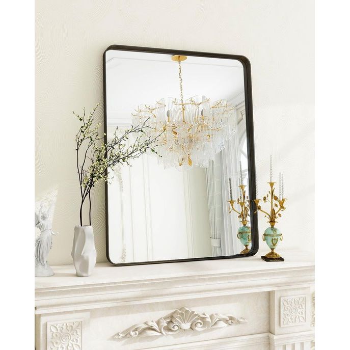 wandspiegel, 75 x 50 cm luxe high-end ronde hoek badkamerspiegel, wandspiegel, horizontaal of verticaal opgehangen, zwart wandspiegel, 75 x 50 cm luxe high-end ronde hoek badkamerspiegel, wandspiegel, horizontaal of verticaal opgehangen, zwart