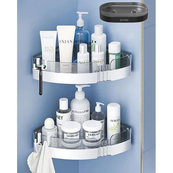 Hoekdouche-caddy, set van 2 kunststof lijmplanken voor de badkamer met zeepbakje en 4 haken, wandgemonteerd doucherek voor de douche en keukenopslag