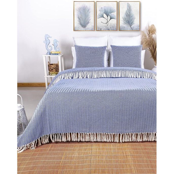 Premium sprei met franjes, 100% katoen, 150 x 200 cm, visgraatpatroon, zomerdeken, katoenen deken als bedsprei, bankdeken, blauw