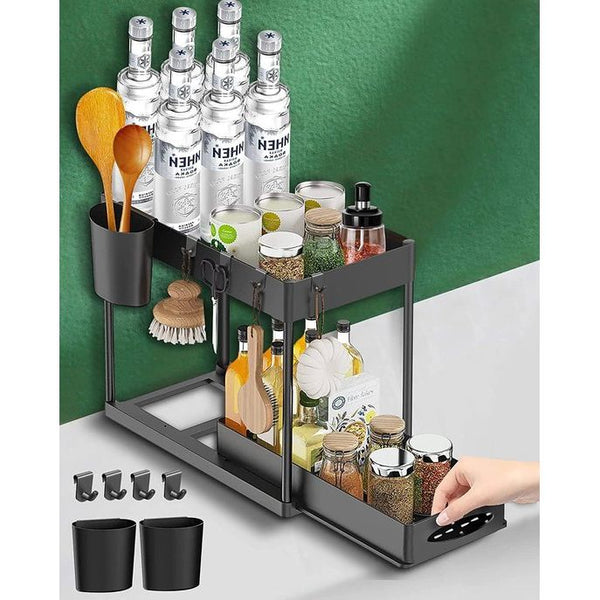 Vaatwasmachineorganizer, zwart, 2 niveaus, spoelbakorganizer, onder gootsteen, keukenkast, organizer, wasmiddel, kruidenrek, staand opbergen voor gootsteen, kast, keuken, badkamer, tafelblad