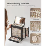 Sieradendoos Sieradendoos met 5 niveaus Glazen deksel Zijladen Verticale opbergruimte Grote spiegel Moderne sieradenopslag Grafietzwart Zilver JBC162B01