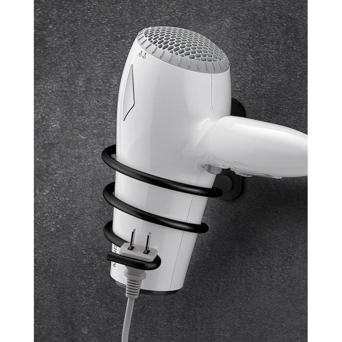 Föhnhouder, föhnhouder, föhnhouder, wandmontage, niet boren, zelfklevend, aluminium, met kabelhouder, zwart