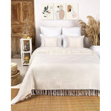 Premium sprei met franjes, 100% katoen, 220 x 240 cm, XXL, visgraatpatroon, zomerdeken, katoenen deken als bedsprei, bankdeken, bankdeken (crème)