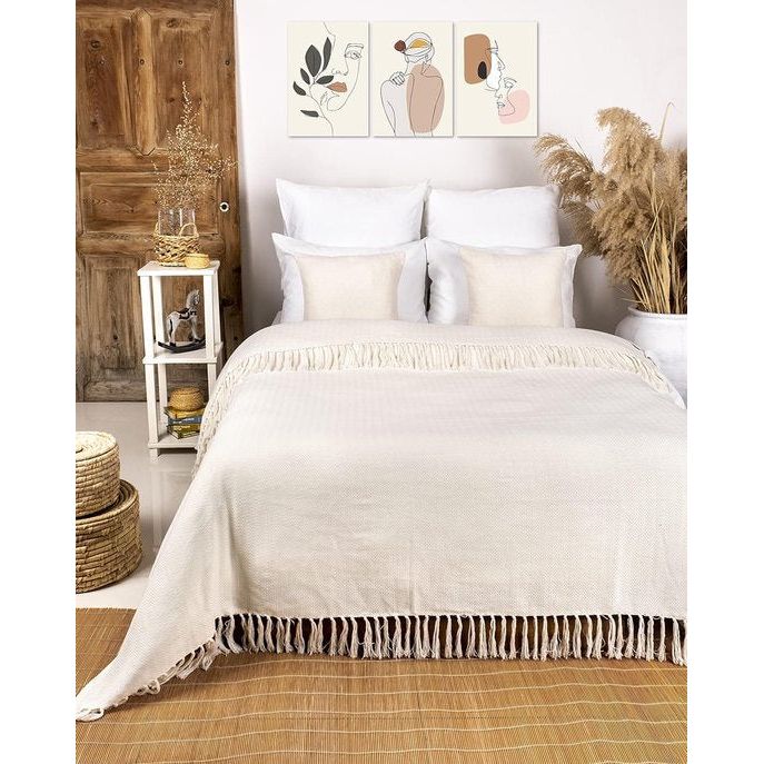 Premium sprei met franjes, 100% katoen, 220 x 240 cm, XXL, visgraatpatroon, zomerdeken, katoenen deken als bedsprei, bankdeken, bankdeken (crème)