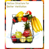 Fruit etagère 2 etages, zwarte fruitmand met bananenhaak, 29 x 34,5 cm metalen fruitetagère 2 verdiepingen