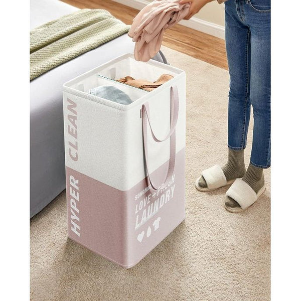 Wasmand 2 vakken, 90 liter, set van 2, grote waszak, staand, opvouwbaar, wassorteerder, 2 korte, 2 lange handgrepen, bijkeuken, slaapkamer, badkamer, roze