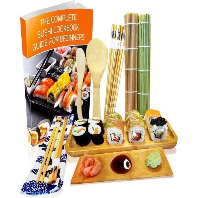 Sushi Maker Kit 11-Piece - Bamboo Sushi Set Rolling Mat and Serving Set for Beginners - 2 Mats, 5 Pairs Chopsticks with Bag, Rice Spoon, Spreader, Serving Plate, Triplet Sauce Bowl with Ebook