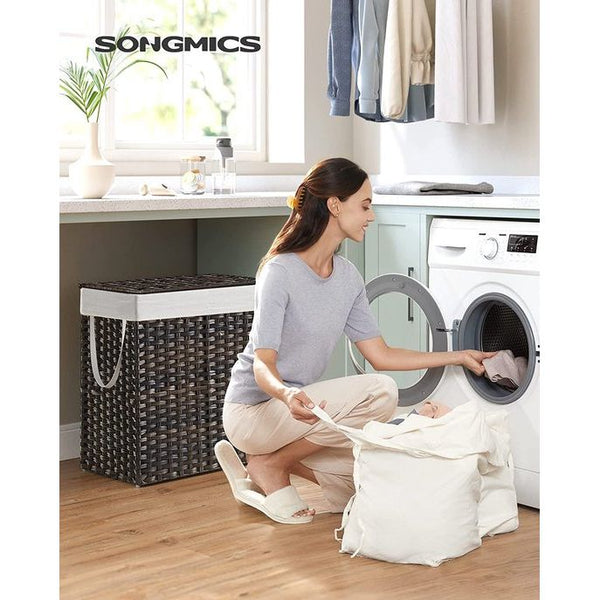 Wasmand handgevlochten, 110L wasverzamelaar van synthetisch rotan, met deksel en handgrepen, wassorteerder, opvouwbaar, uitneembare waszak, bruin,