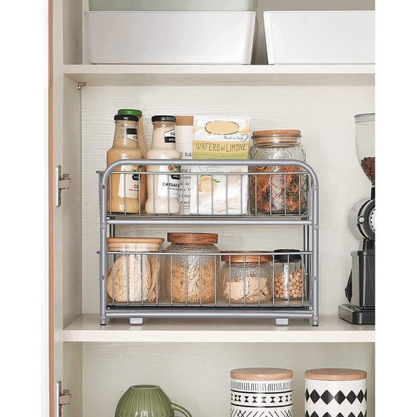 Organizer voor keuken, 2 uittrekbare laden voor kasten, stapelbare lade-organizer, voor keuken, badkamer, zilver