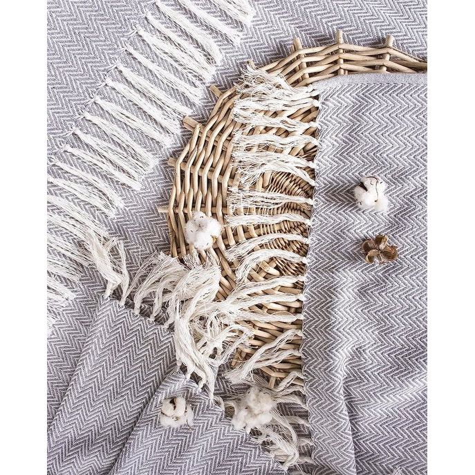 Premium sprei met franjes, 100% katoen, 180 x 240 cm, visgraatpatroon, zomerdeken, katoenen deken als bedsprei, bankdeken, grijs