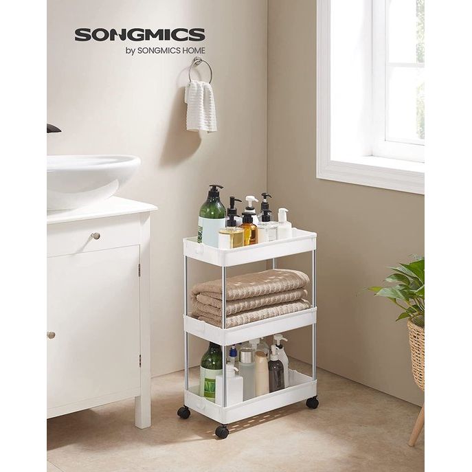 SONGMICS Rollwagen mit 3 Ebenen, Küchenwagen, Nischenregal auf Rollen, platzsparendes Küchenregal, Badregal, fürs Badezimmer, Wohnzimmer, Büro, 40 x 22 x 60 cm, weiß KSC009W01