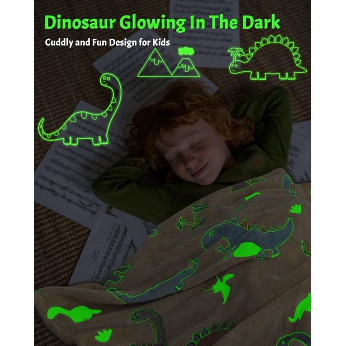 Knuffeldeken dinosaurus kinderen dino deken Glow in The Dark, zachte pluizige fleecedeken voor kinderen, gloeideken, dinosaurus, zachte bank, dino, cadeau voor jongens en meisjes, 130 x 150 cm