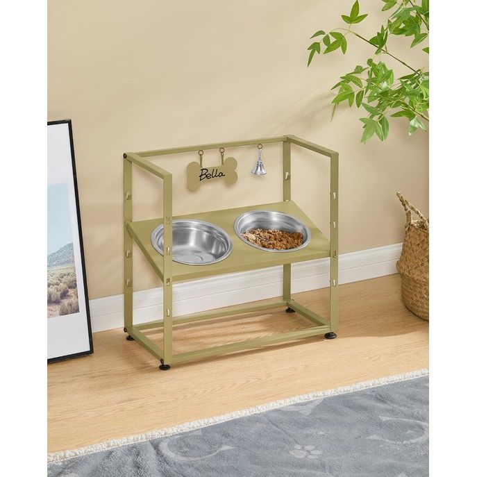 Verhoogde hondenbakken, 5 in hoogte verstelbare voerbakken, verhoogde hondenbakstandaard met 2 roestvrijstalen bakken, gekanteld ontwerp, eenvoudige installatie, met naamplaatje en bel, goud