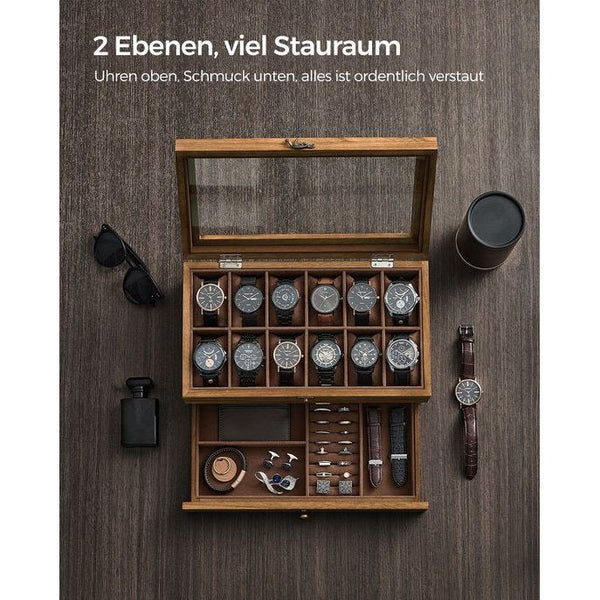 Uhrenbox mit 12 Fächern aus Massivholz walnussfarben