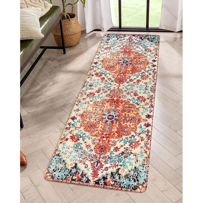 Tapijtloper Hal 60 x 180 cm, Boho Bloemenmedaillon Oosters Distressed Antislip Wasbaar Imitatiewol Laagpolig Keukenloper voor Entree Keuken Nachtkastje Wasruimte