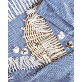 Premium sprei met franjes, 100% katoen, 150 x 200 cm, visgraatpatroon, zomerdeken, katoenen deken als bedsprei, bankdeken, blauw