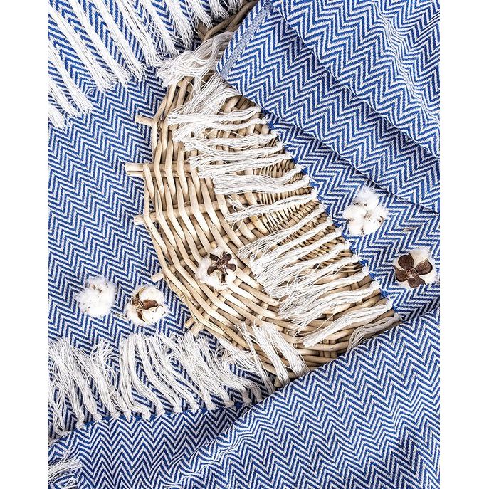 Premium sprei met franjes, 100% katoen, 150 x 200 cm, visgraatpatroon, zomerdeken, katoenen deken als bedsprei, bankdeken, blauw