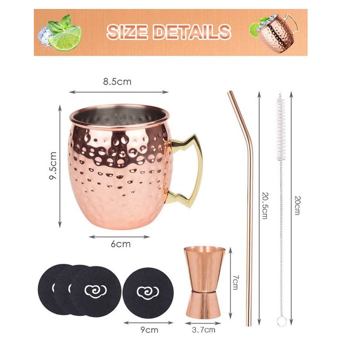 Moscow Mule Moscow Mule Bekers, 4-delige set, gehamerde koperen bekers met jigger voor koude dranken, thuis, bar, feest, cadeau