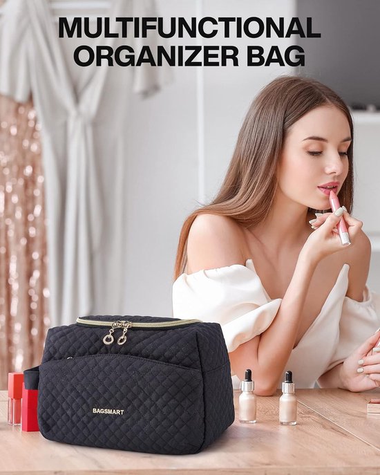 Toilettas voor dame - make-uptas - Uniek design - met grote opening - zwart