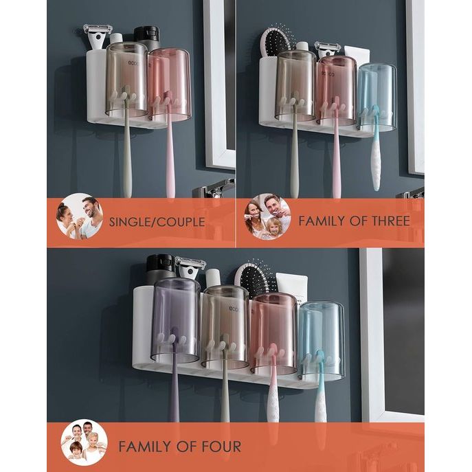 Tandenborstelhouder voor muur, kunststof tandenborstelbeker, tandenborstelhouder, zonder boren, geschikt voor kinderen en gezinnen (wit) (4 bekers)