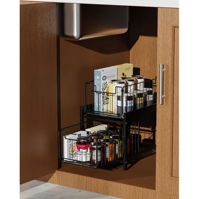 Keukenrek met 2 uittrekbare manden, schuifmand met 2 niveaus, uittrekbare laden, laden onder de spoelbak, kruidenrek met 2 niveaus, badkamerorganizer, zwarte onderkastplank