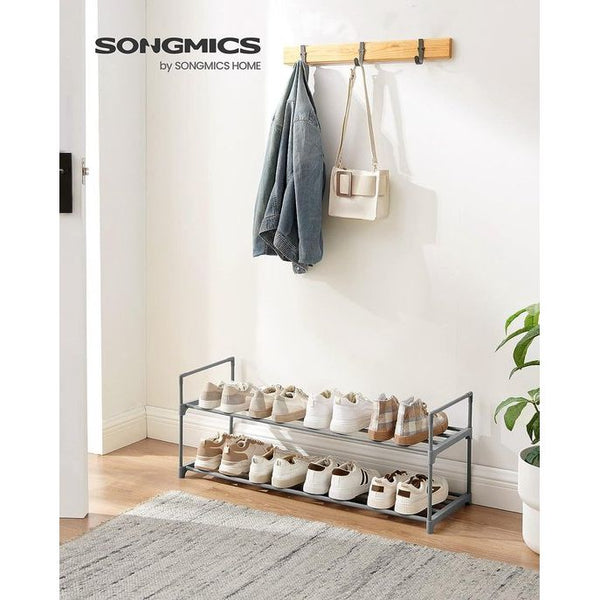 Schoenenrek met 2 niveaus, schoenenstandaard van metaal, schoenenopslag, schoenenorganizer voor 8-10 paar schoenen, stapelbaar, voor hal, woonkamer, slaapkamer, 30 x 92 x 34 cm, grijs