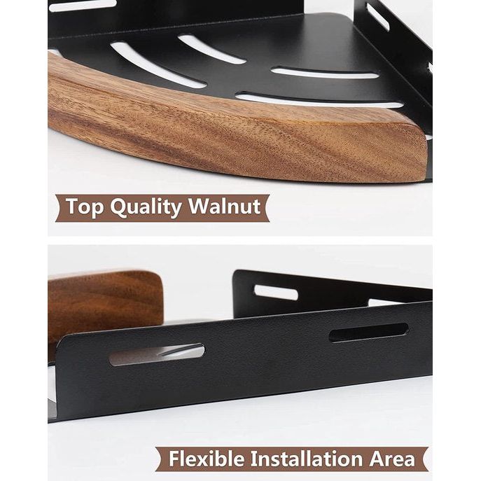 Doucherek, doucheplank zonder boringen, met walnoot, matzwart en driehoek, douchemand in walnootmazer, badkamerrek, walnoot ferrolegering, 2 stuks