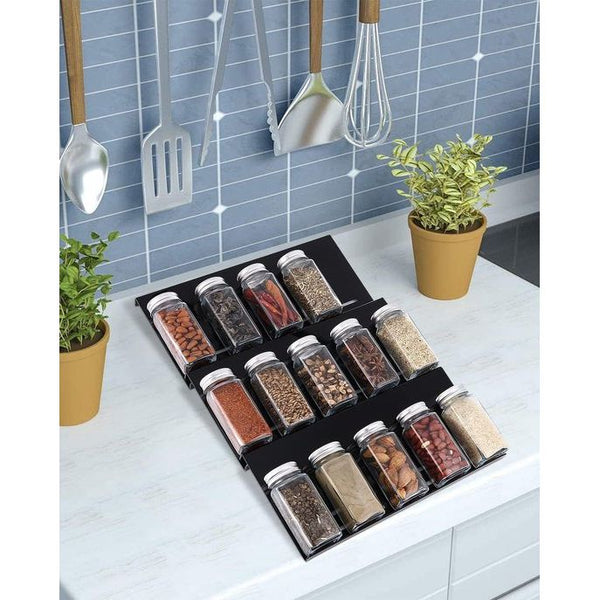 Kruidenlade insert van 30 cm tot 60 cm uittrekbaar, kruidenrek voor laden, organizer, kruideninzet lade op 3 niveaus - zwart