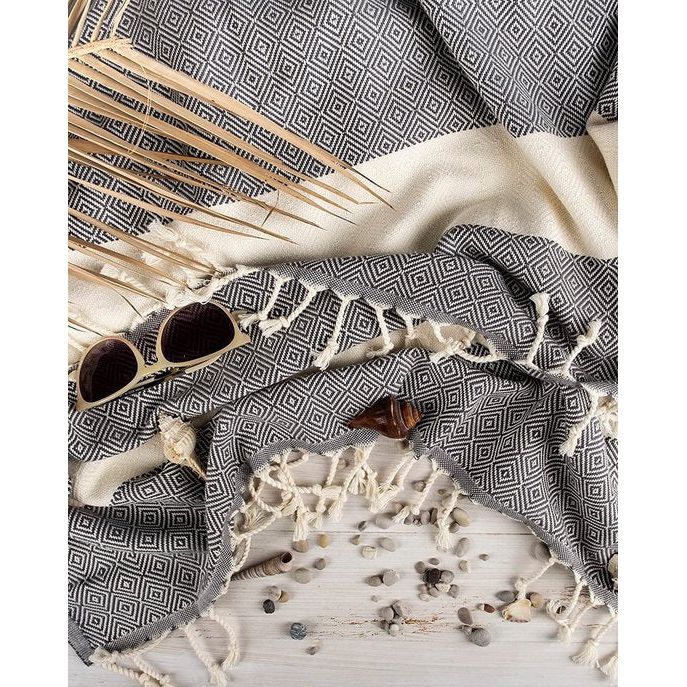 Premium hamamhanddoek met handgeknoopte franjes - 100% katoen - XXL strandhanddoek 95 x 180 cm - Oeko Tex 100 - strandhanddoek geruit patroon groot - reishanddoek & saunahanddoek (antraciet)