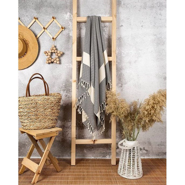 Premium hamamhanddoek met handgeknoopte franjes - 100% katoen - XXL strandhanddoek 95 x 180 cm - Oeko Tex 100 - strandhanddoek geruit patroon groot - reishanddoek & saunahanddoek (antraciet)