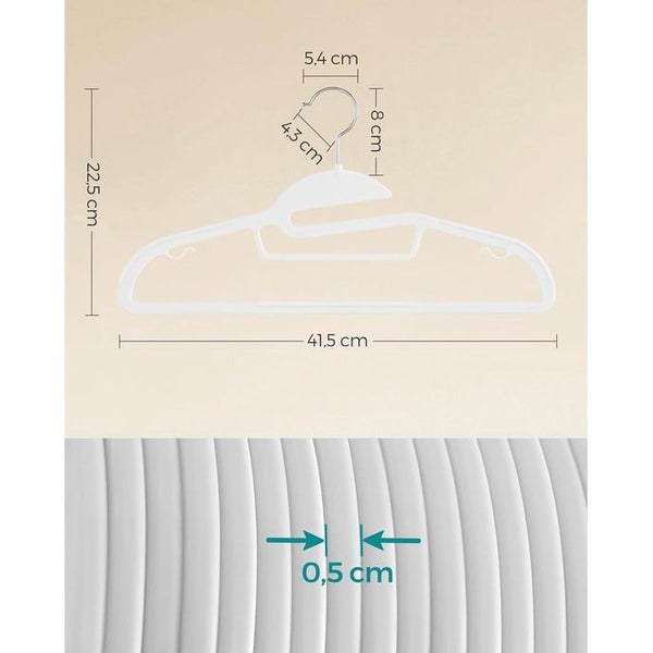 Kleerhangers van kunststof, set van 20, hangers met U-vormige opening, antislip, ruimtebesparend, 0,5 cm dik, 41,5 cm breed, 360 graden draaibare haak, wit