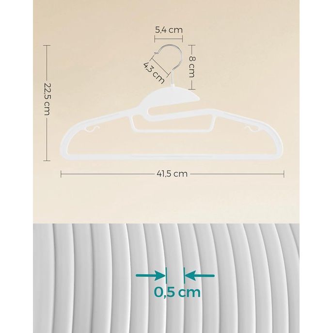 Kleerhangers van kunststof, set van 20, hangers met U-vormige opening, antislip, ruimtebesparend, 0,5 cm dik, 41,5 cm breed, 360 graden draaibare haak, wit