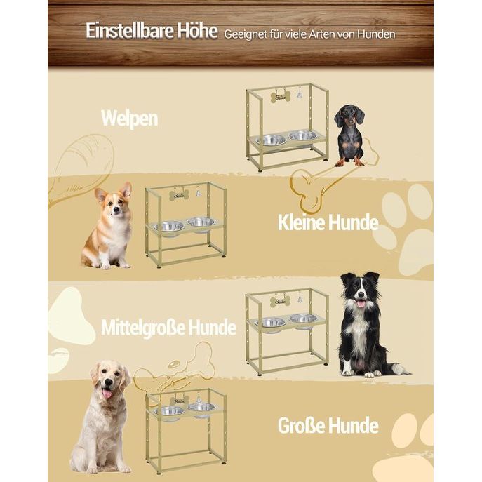 Verhoogde hondenbakken, 5 in hoogte verstelbare voerbakken, verhoogde hondenbakstandaard met 2 roestvrijstalen bakken, gekanteld ontwerp, eenvoudige installatie, met naamplaatje en bel, goud