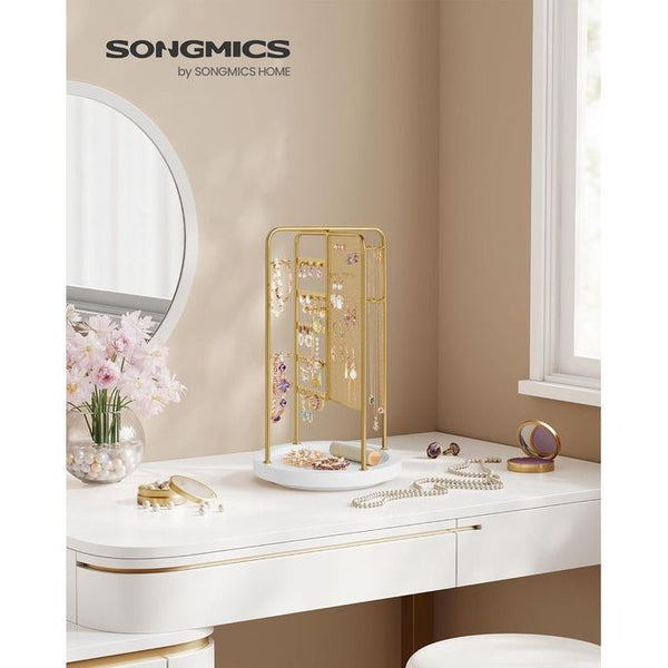 Draaibare sieradenstandaard 4 aparte secties Metalen frame Sieradenopslag voor kettingen, armbanden, oorbellen, oorknopjes, cadeaugoud