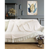 Premium sprei met franjes, 100% katoen, 180 x 240 cm, visgraatpatroon, zomerdeken, katoenen deken als bedsprei, bankdeken, crèmekleurig